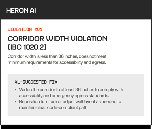ROYALTY alert: Corridor width violation under IBC 1020.2, suggests widening corridor to 36 inches for access and egress.